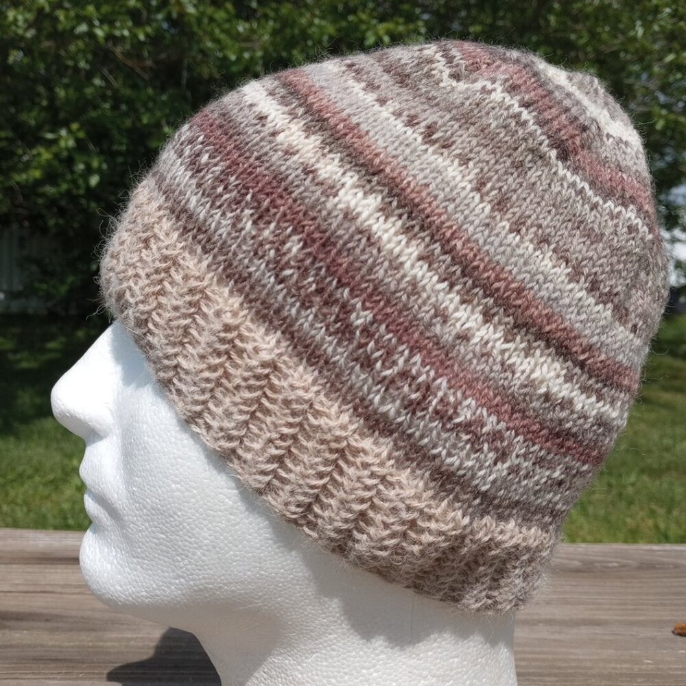 Mens Alpaca Wool Beanie Skully Hand Knit Hat Light Thin Faux Fair Isle Brown - Picture 2 of 10